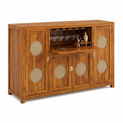 The RJ Art Sheesham Wood Bar Cabinet with Wine Glass Holder, Cane Panel Doors and Storage Compartments