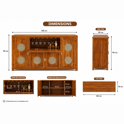 The RJ Art Sheesham Wood Bar Cabinet with Wine Glass Holder, Cane Panel Doors and Storage Compartments