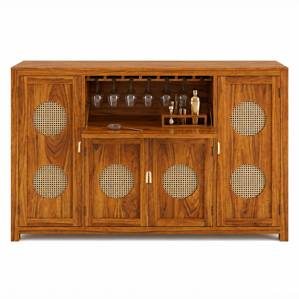 The RJ Art Sheesham Wood Bar Cabinet with Wine Glass Holder, Cane Panel Doors and Storage Compartments