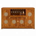 The RJ Art Sheesham Wood Bar Cabinet with Wine Glass Holder, Cane Panel Doors and Storage Compartments