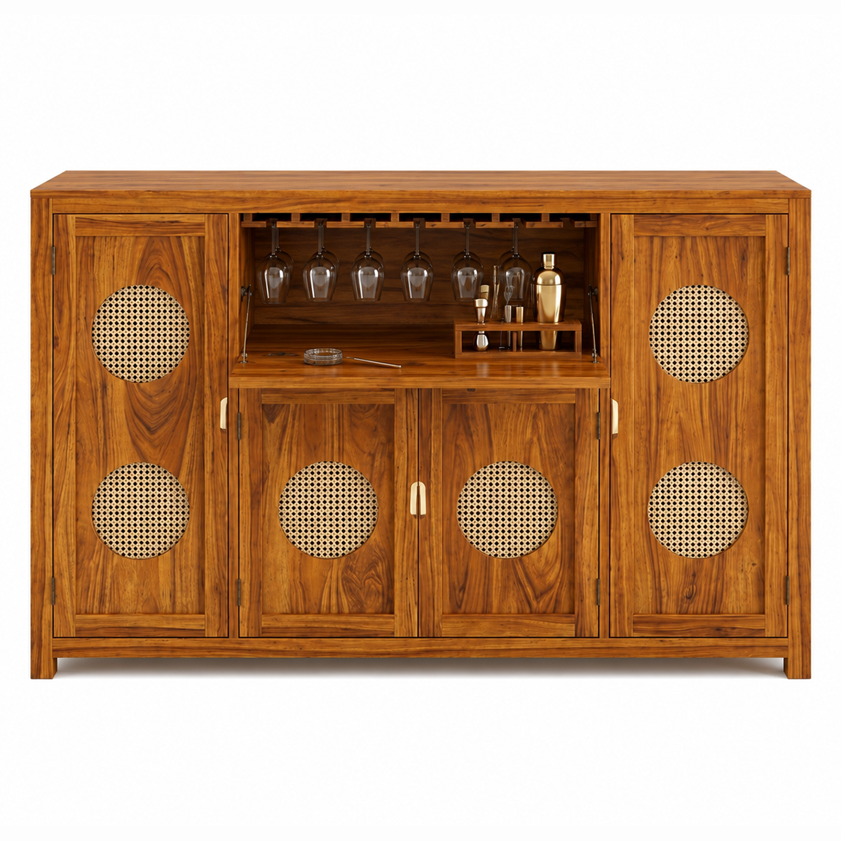 The RJ Art Sheesham Wood Bar Cabinet with Wine Glass Holder, Cane Panel Doors and Storage Compartments