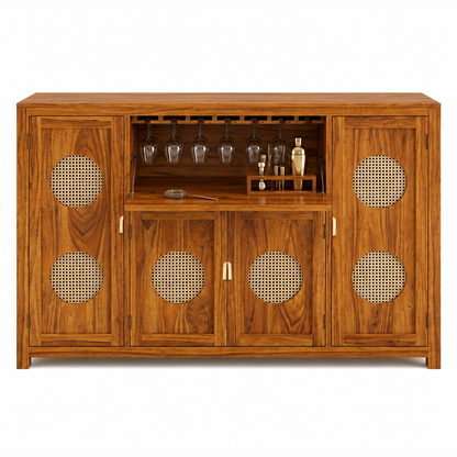The RJ Art Sheesham Wood Bar Cabinet with Wine Glass Holder, Cane Panel Doors and Storage Compartments