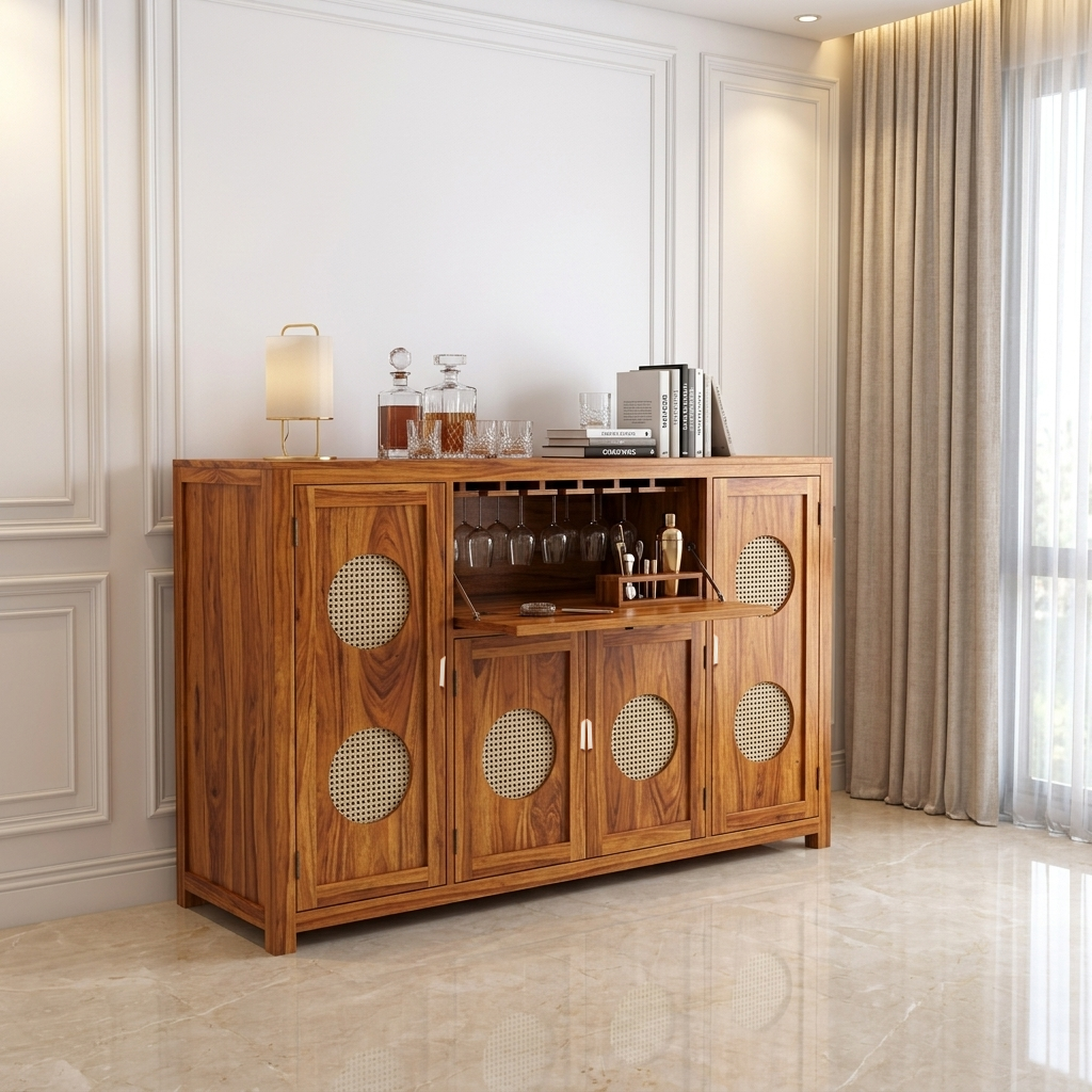 The RJ Art Sheesham Wood Bar Cabinet with Wine Glass Holder, Cane Panel Doors and Storage Compartments