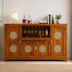 The RJ Art Sheesham Wood Bar Cabinet with Wine Glass Holder, Cane Panel Doors and Storage Compartments