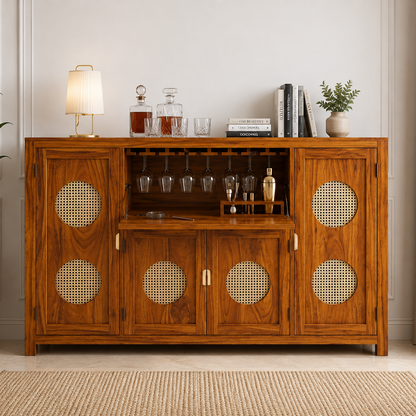 The RJ Art Sheesham Wood Bar Cabinet with Wine Glass Holder, Cane Panel Doors and Storage Compartments
