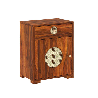Tierra Cane Sheesham Bedside With Drawer And Door Storage - 3 Years Warranty