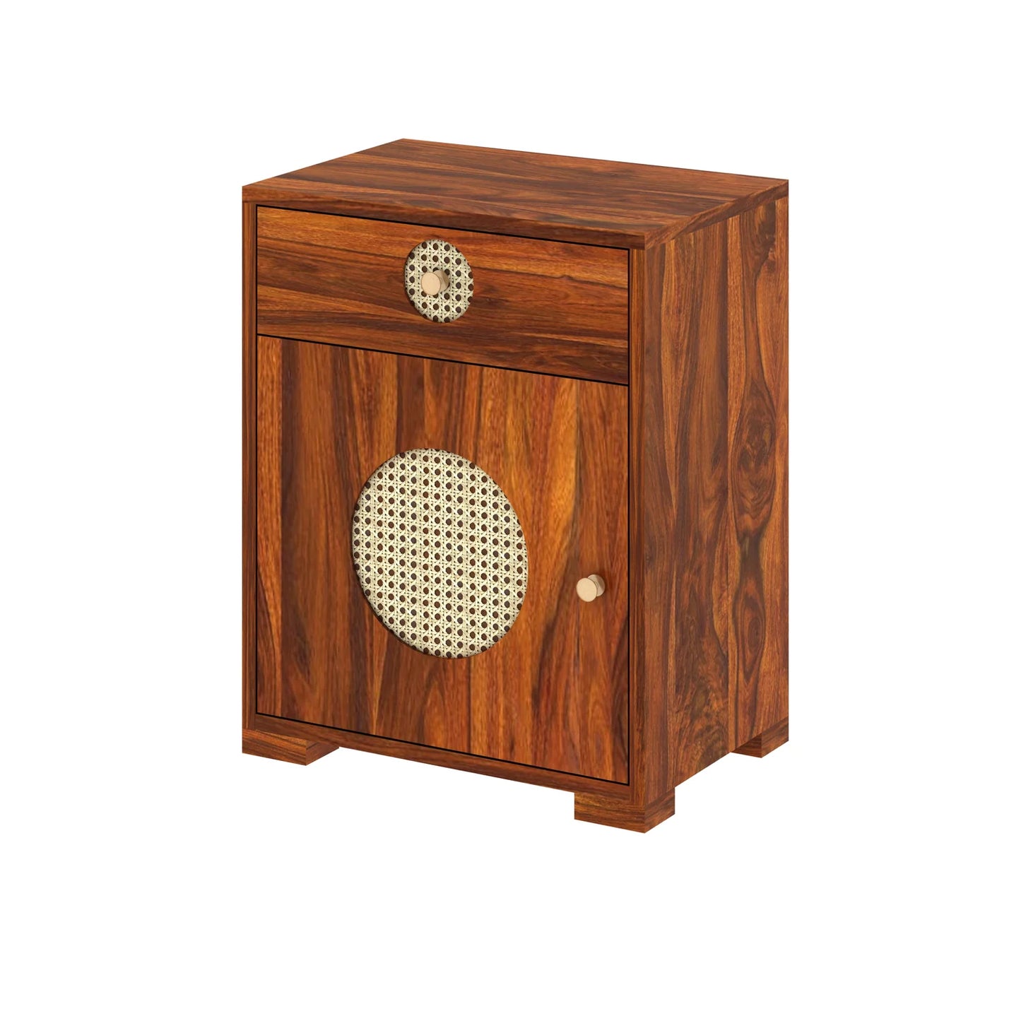 Tierra Cane Sheesham Bedside With Drawer And Door Storage - 3 Years Warranty