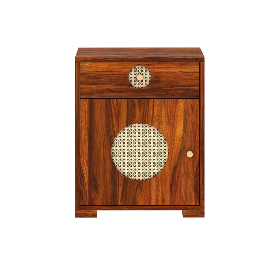 Tierra Cane Solid Sheesham Wood Bedside With Drawer and Door Storage - 3 years Warranty