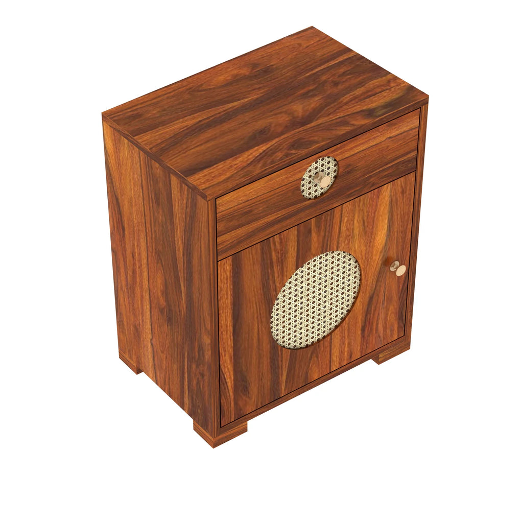 Tierra Cane Solid Sheesham Wood Bedside With Drawer and Door Storage - 3 years Warranty