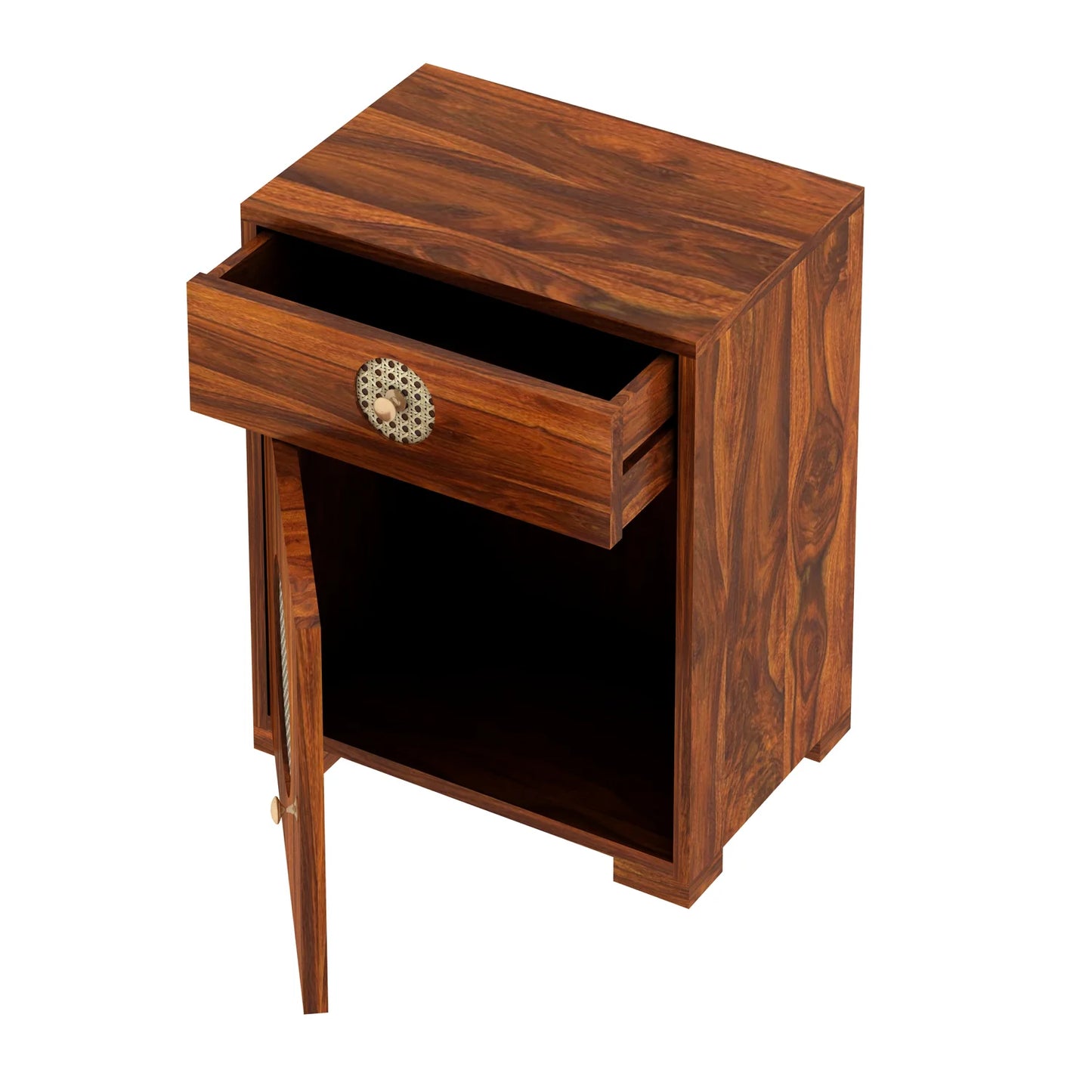 Tierra Cane Sheesham Bedside With Drawer And Door Storage - 3 Years Warranty