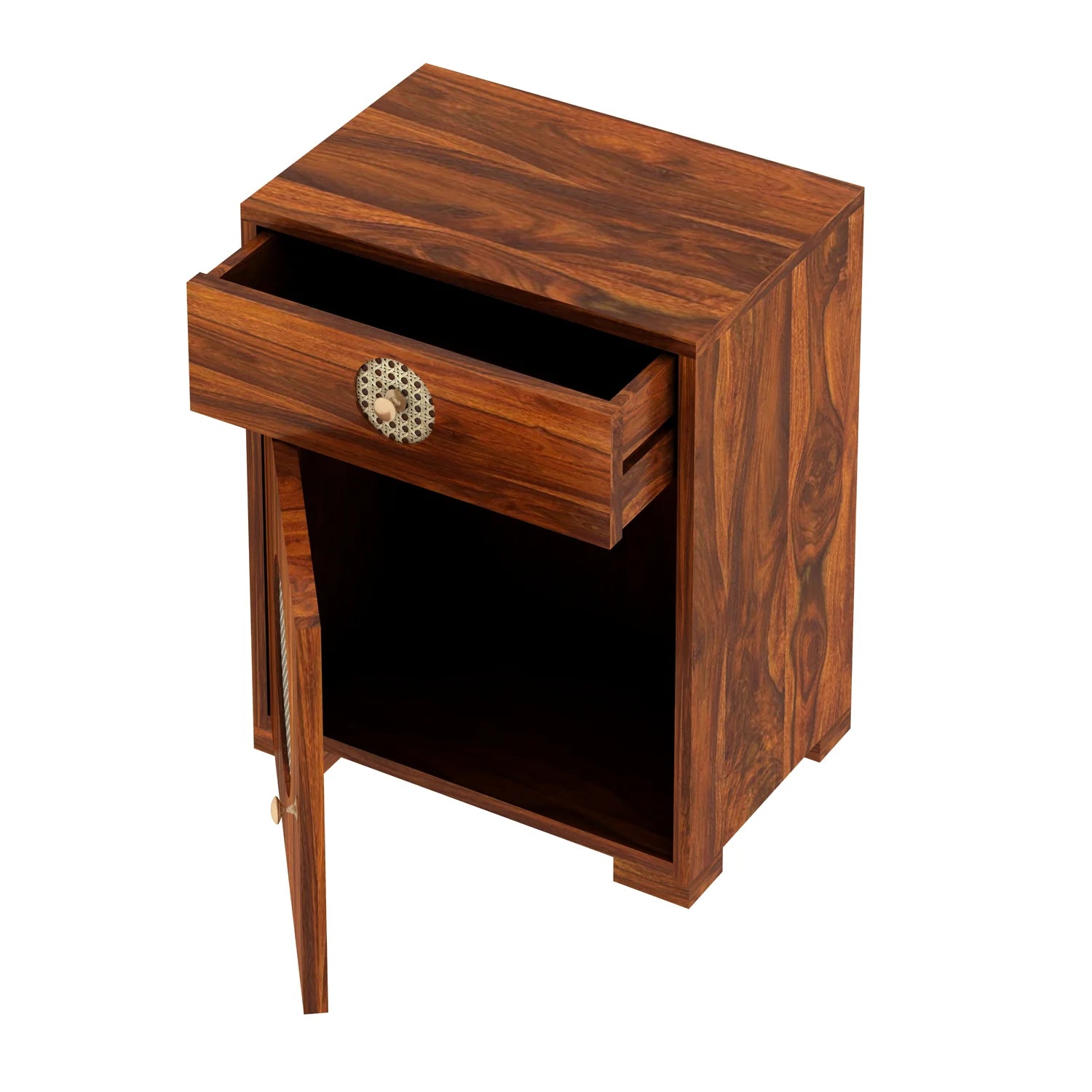 Tierra Cane Solid Sheesham Wood Bedside With Drawer and Door Storage - 3 years Warranty