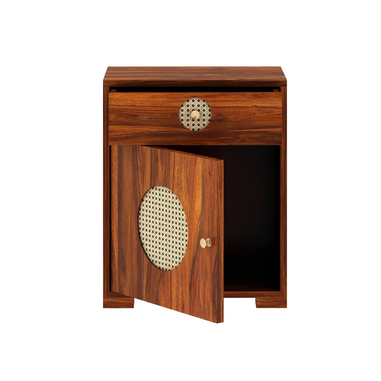 Tierra Cane Sheesham Bedside With Drawer And Door Storage - 3 Years Warranty