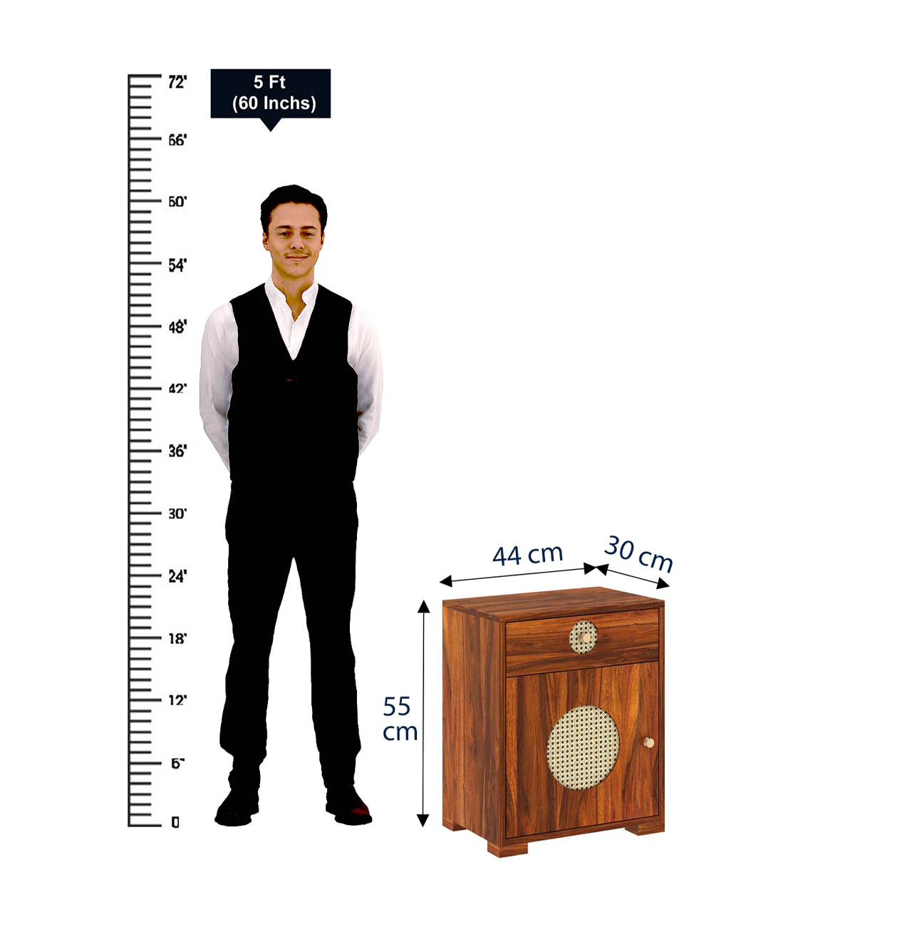 Tierra Cane Solid Sheesham Wood Bedside With Drawer and Door Storage - 3 years Warranty