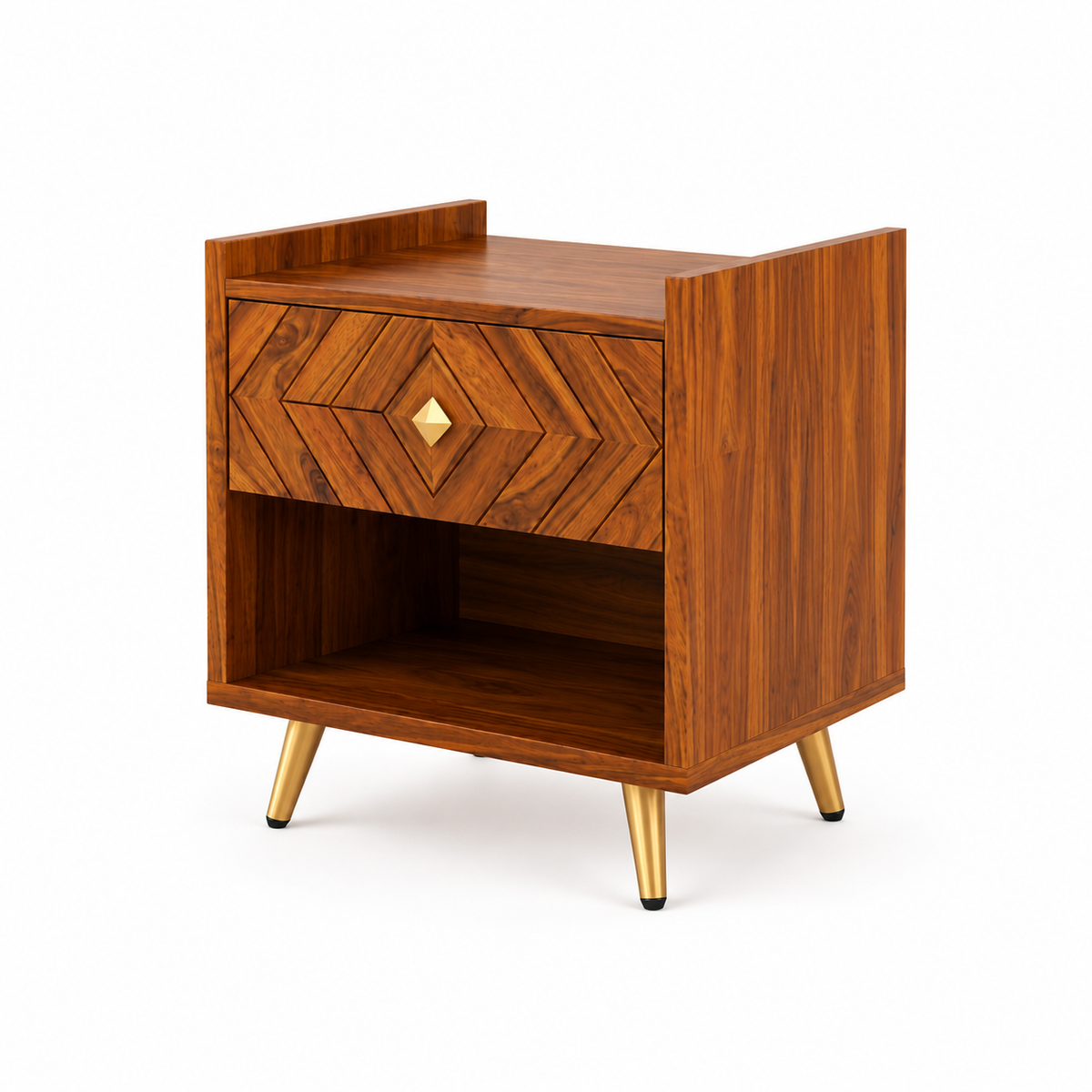 Wooden Bedside Table with Drawer and Open Shelf Storage
