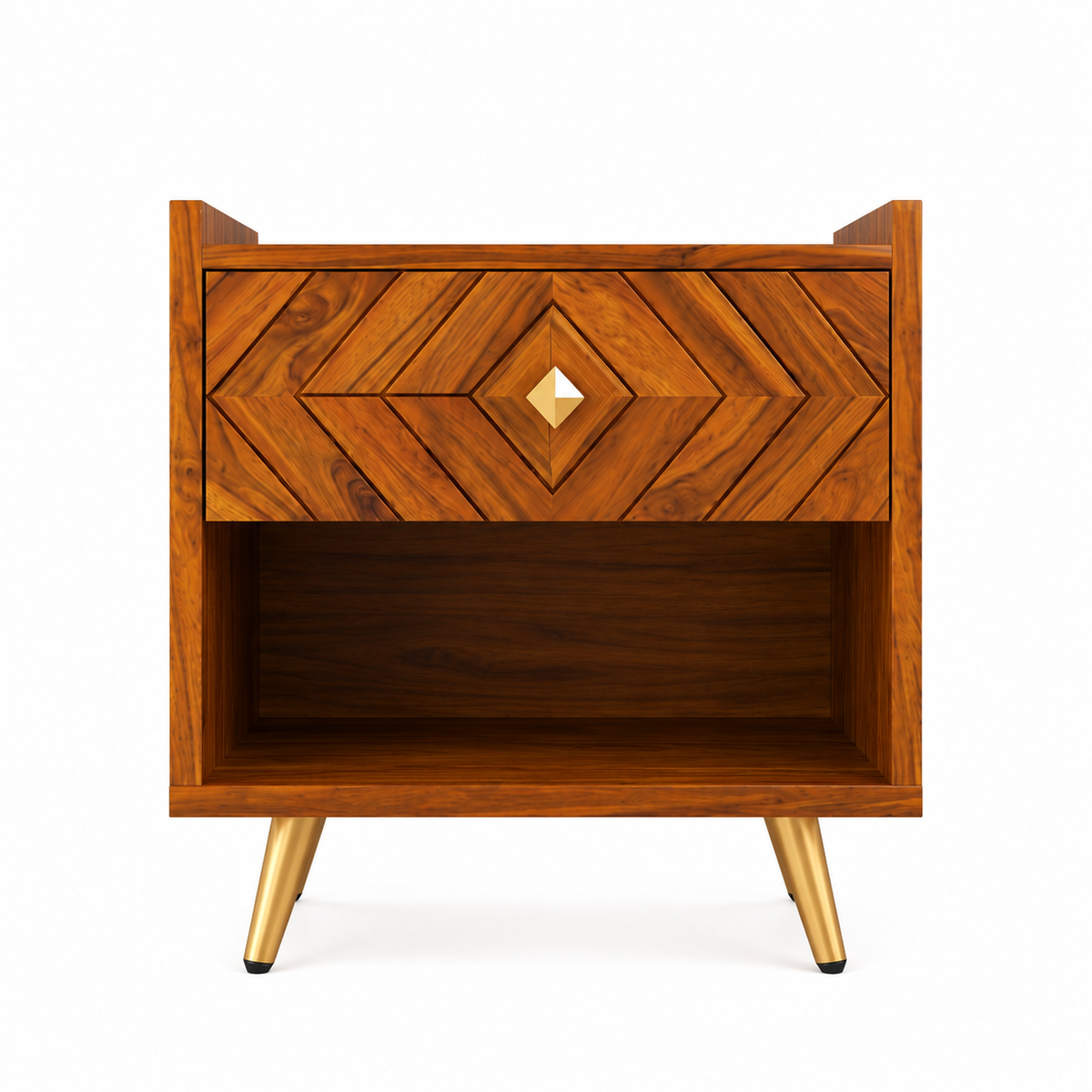 Wooden Bedside Table with Drawer and Open Shelf Storage
