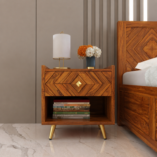 Wooden Bedside Table with Drawer and Open Shelf Storage
