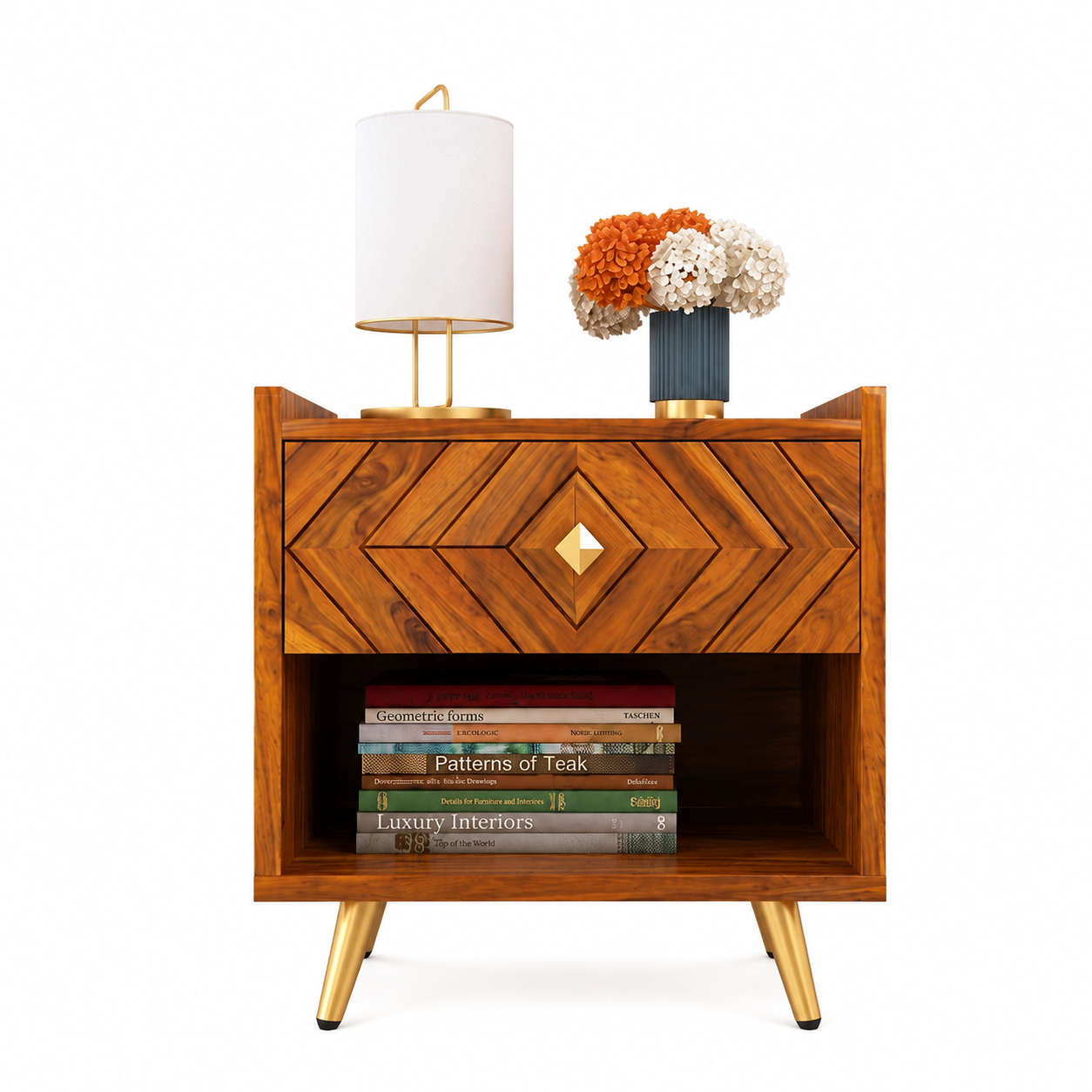 Wooden Bedside Table with Drawer and Open Shelf Storage
