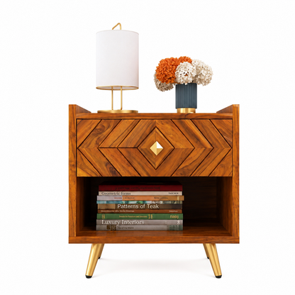 Wooden Bedside Table with Drawer and Open Shelf Storage
