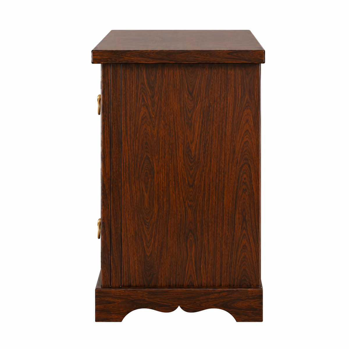 The RJ Art premium Sheesham wood bedside table with drawer storage, cabinet door, decorative carved panel design, and walnut finish.