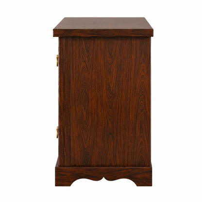 The RJ Art premium Sheesham wood bedside table with drawer storage, cabinet door, decorative carved panel design, and walnut finish.