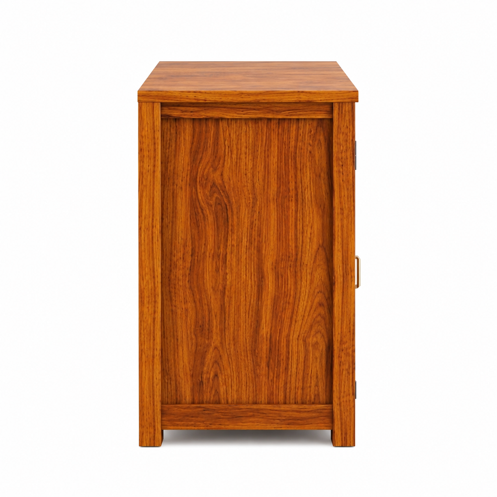 The RJ Art Sheesham Wood Bedside Table with Cane Panel Door and Open Shelf Storage