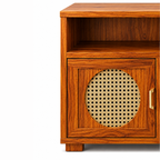 The RJ Art Sheesham Wood Bedside Table with Cane Panel Door and Open Shelf Storage
