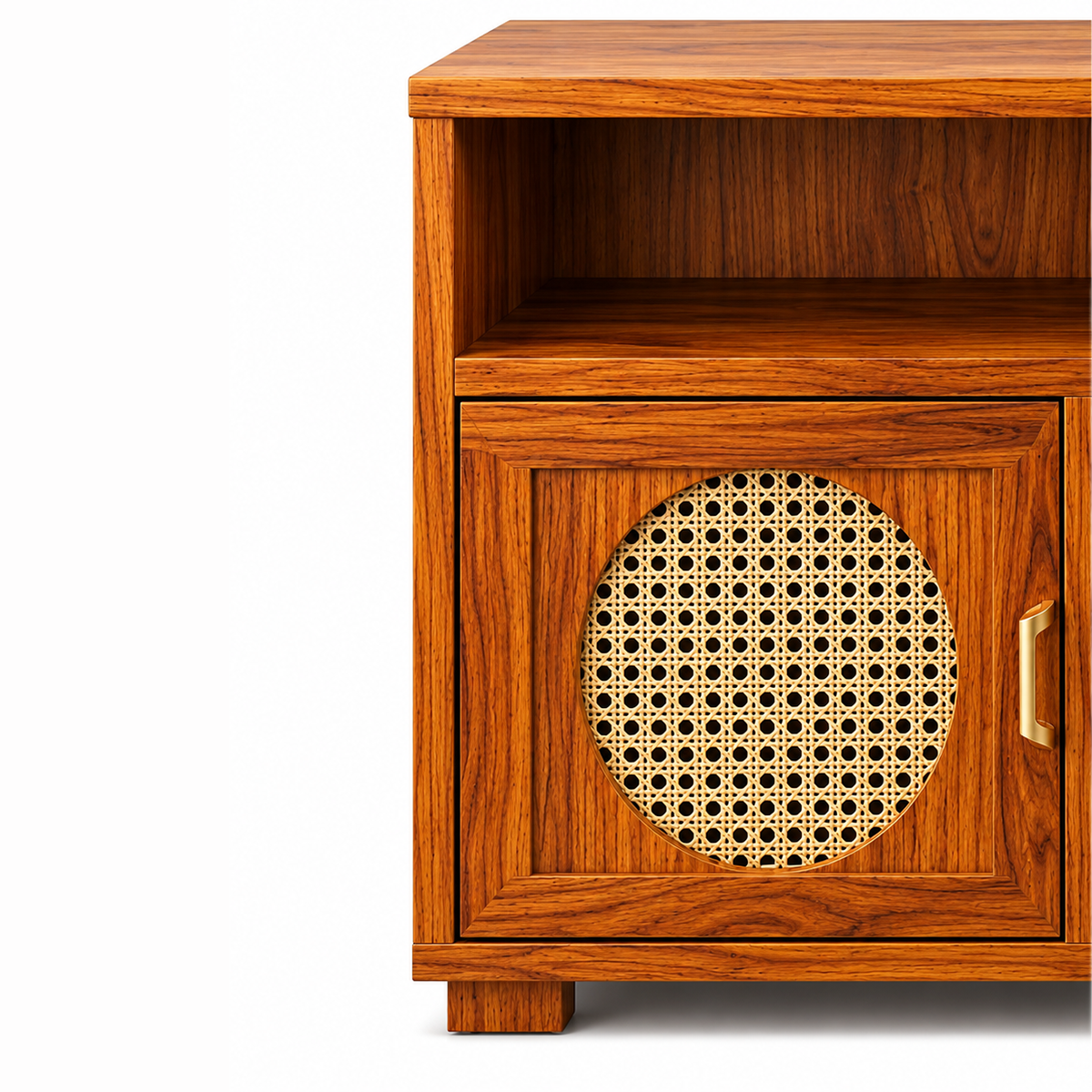 The RJ Art Sheesham Wood Bedside Table with Cane Panel Door and Open Shelf Storage