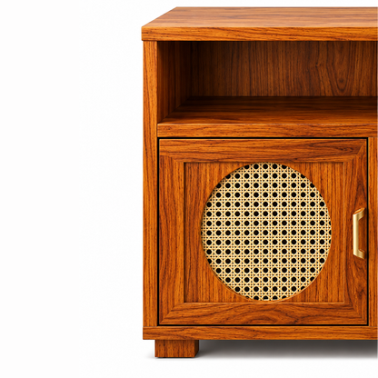 The RJ Art Sheesham Wood Bedside Table with Cane Panel Door and Open Shelf Storage