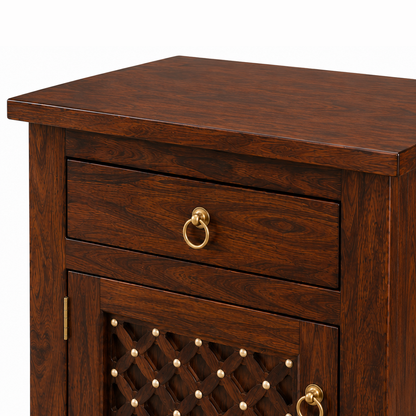The RJ Art premium Sheesham wood bedside table with drawer storage, cabinet door, decorative carved panel design, and walnut finish.