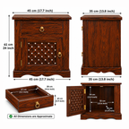 The RJ Art premium Sheesham wood bedside table with drawer storage, cabinet door, decorative carved panel design, and walnut finish.