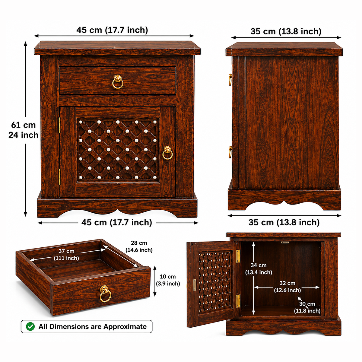 The RJ Art premium Sheesham wood bedside table with drawer storage, cabinet door, decorative carved panel design, and walnut finish.