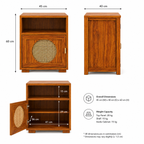 The RJ Art Sheesham Wood Bedside Table with Cane Panel Door and Open Shelf Storage
