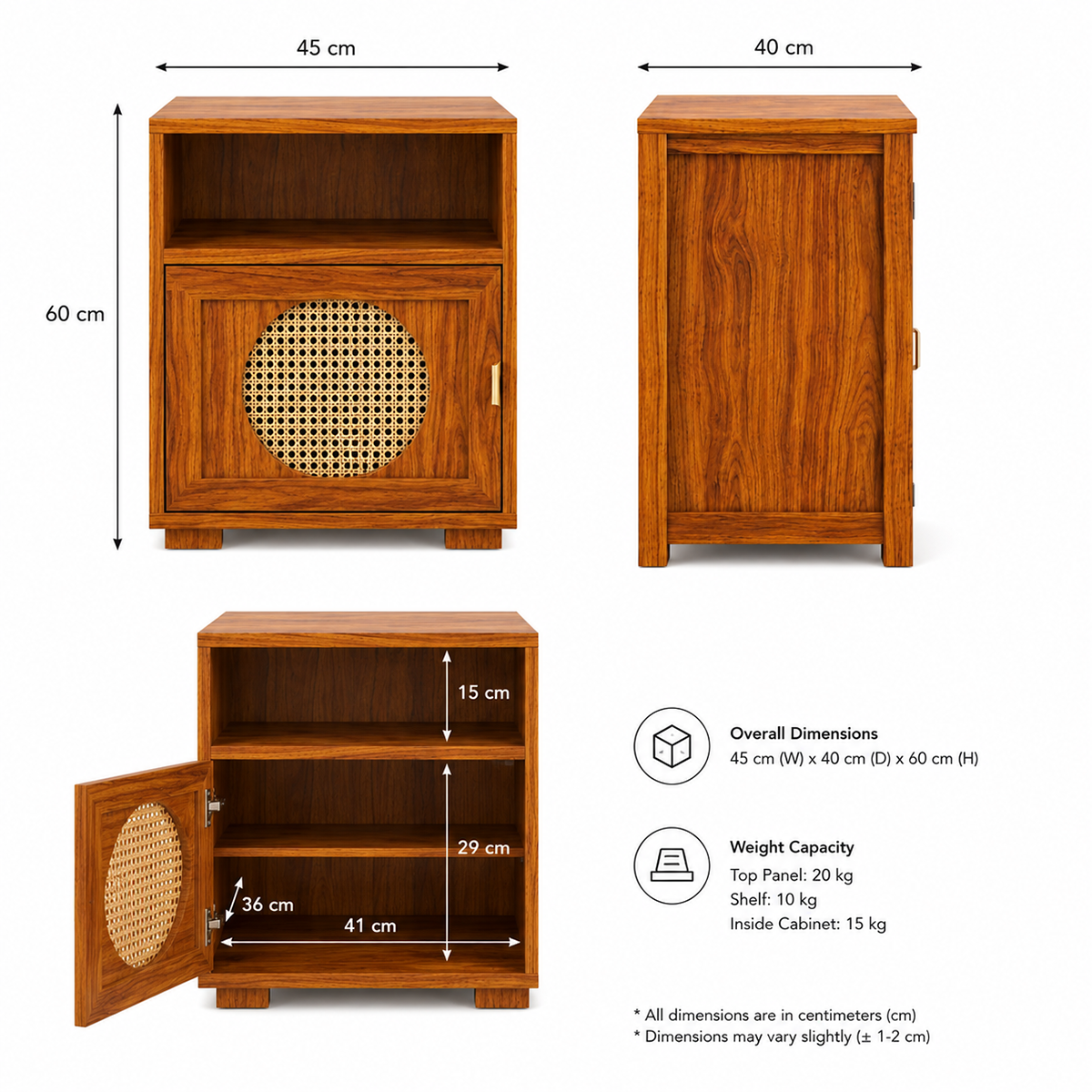 The RJ Art Sheesham Wood Bedside Table with Cane Panel Door and Open Shelf Storage