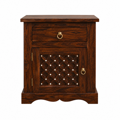 The RJ Art premium Sheesham wood bedside table with drawer storage, cabinet door, decorative carved panel design, and walnut finish.
