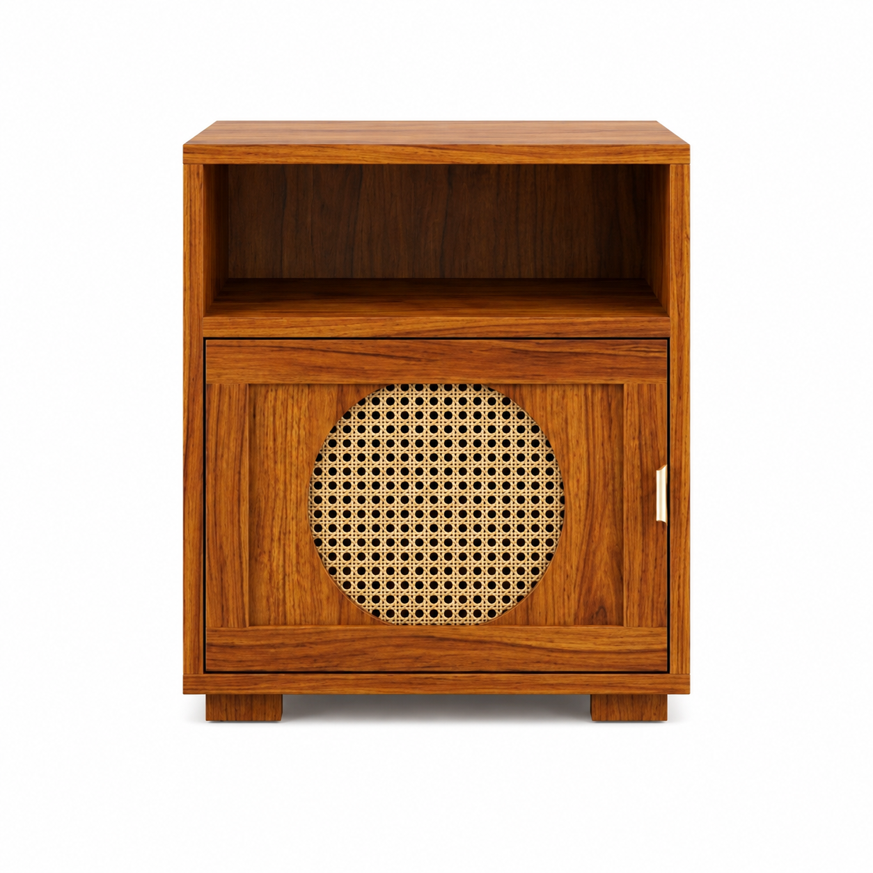 The RJ Art Sheesham Wood Bedside Table with Cane Panel Door and Open Shelf Storage