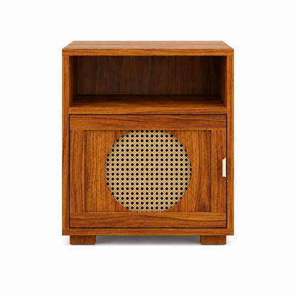 The RJ Art Sheesham Wood Bedside Table with Cane Panel Door and Open Shelf Storage