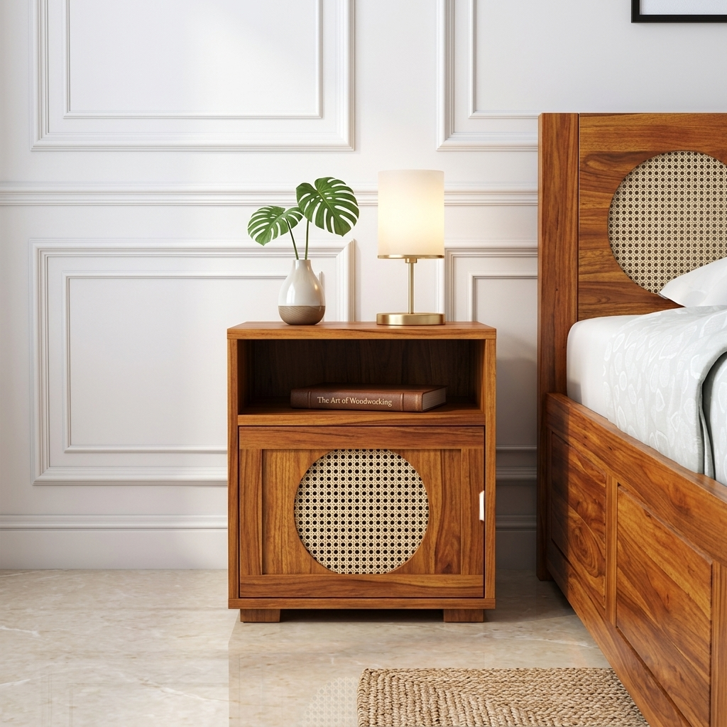 The RJ Art Sheesham Wood Bedside Table with Cane Panel Door and Open Shelf Storage