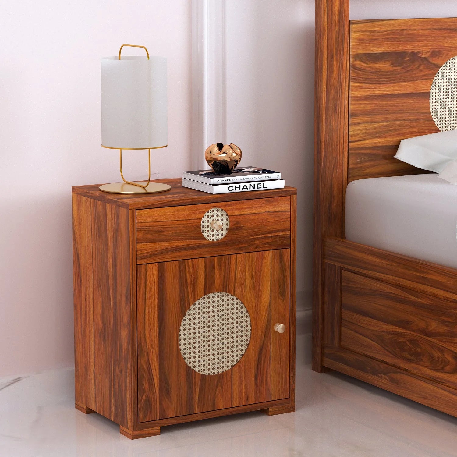 Tierra Cane Solid Sheesham Wood Bedside With Drawer and Door Storage - 3 years Warranty