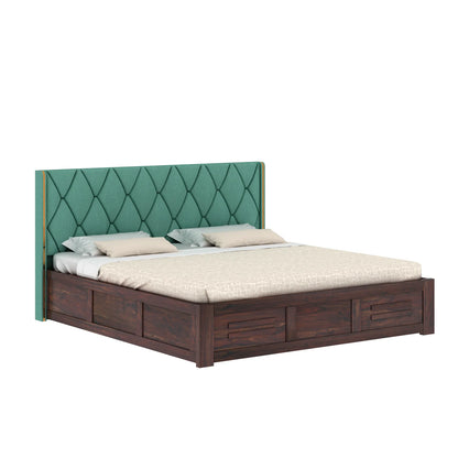 Oslen Sheesham Bed With Box Storage & Eifle Style Upholstered Headboard-3 Years Warranty(Luxe Edition)