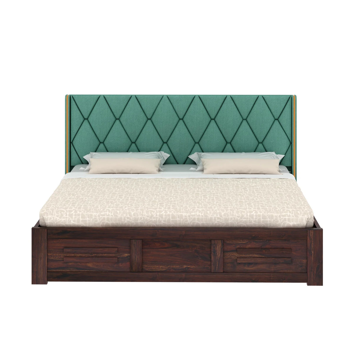 Oslen Sheesham Bed With Box Storage & Eifle Style Upholstered Headboard-3 Years Warranty(Luxe Edition)