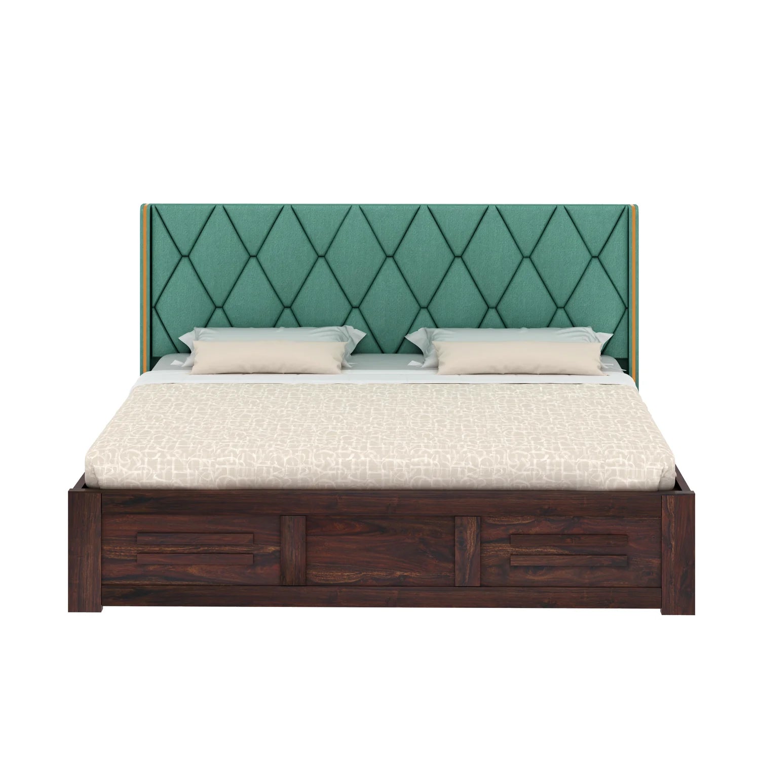 Oslen Solid Sheesham Wood Bed With Box Storage & Eifle Style Upholstered Headboard-3 years Warranty(LUXE EDITION)