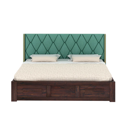 Oslen Sheesham Bed With Box Storage & Eifle Style Upholstered Headboard-3 Years Warranty(Luxe Edition)