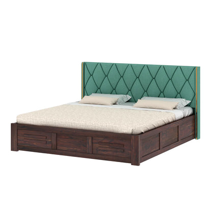 Oslen Sheesham Bed With Box Storage & Eifle Style Upholstered Headboard-3 Years Warranty(Luxe Edition)