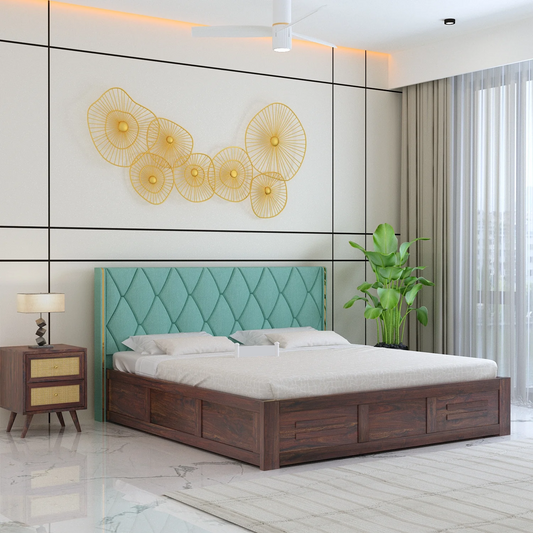 Oslen Sheesham Bed With Box Storage & Eifle Style Upholstered Headboard-3 Years Warranty(Luxe Edition)