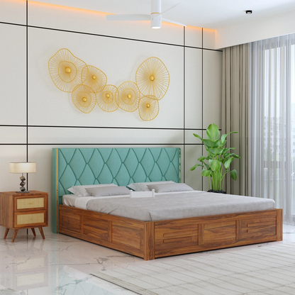 Oslen Sheesham Bed With Box Storage & Eifle Style Upholstered Headboard-3 Years Warranty(Luxe Edition)