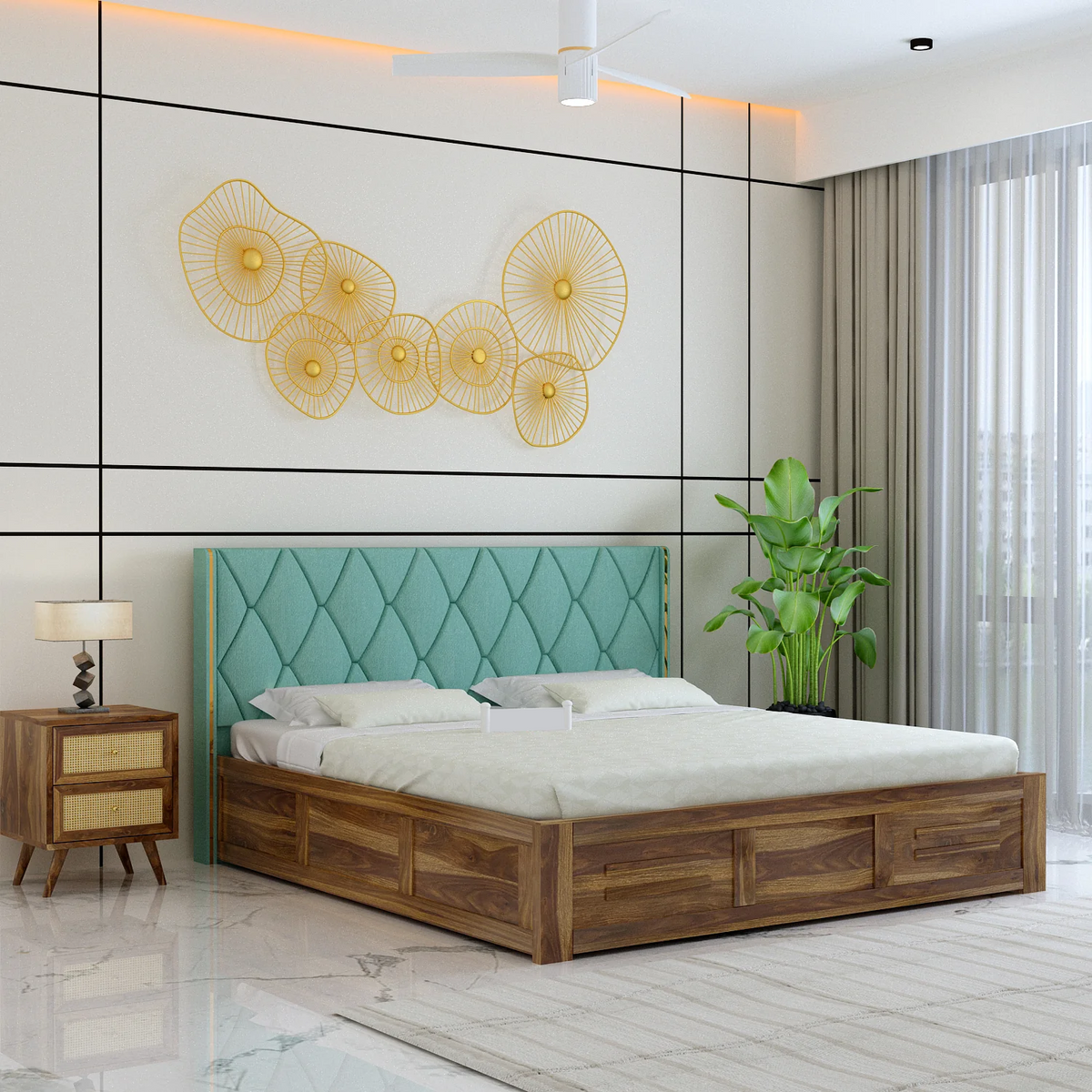 Oslen Sheesham Bed With Box Storage & Eifle Style Upholstered Headboard-3 Years Warranty(Luxe Edition)