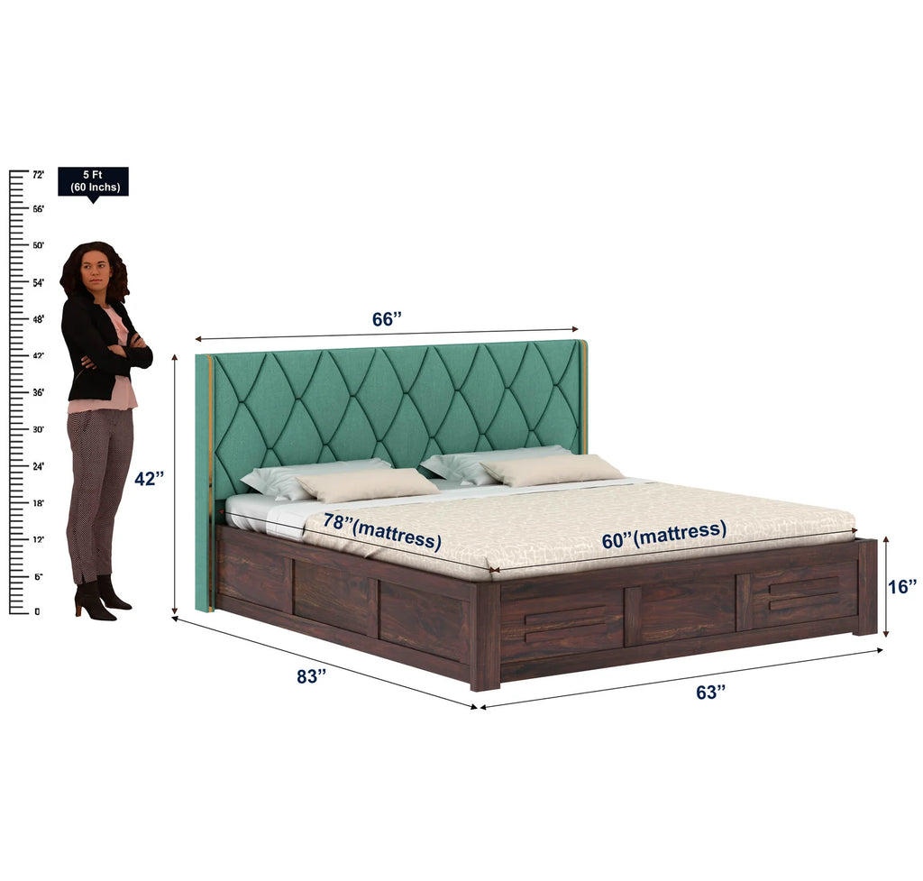 Oslen Solid Sheesham Wood Bed With Box Storage & Eifle Style Upholstered Headboard-3 years Warranty(LUXE EDITION)