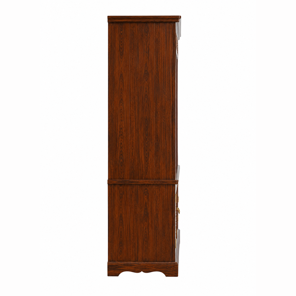 The RJ Art premium Sheesham wood bookshelf with six open display shelves, four-door storage cabinet, decorative handcrafted panels, and walnut finish.