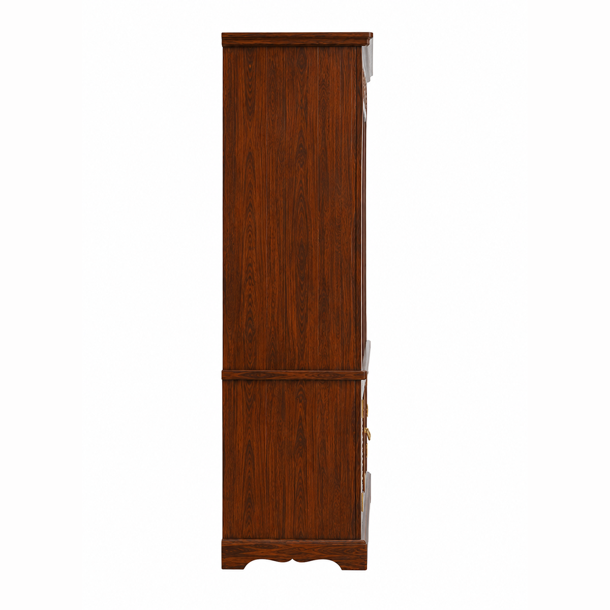 The RJ Art premium Sheesham wood bookshelf with six open display shelves, four-door storage cabinet, decorative handcrafted panels, and walnut finish.
