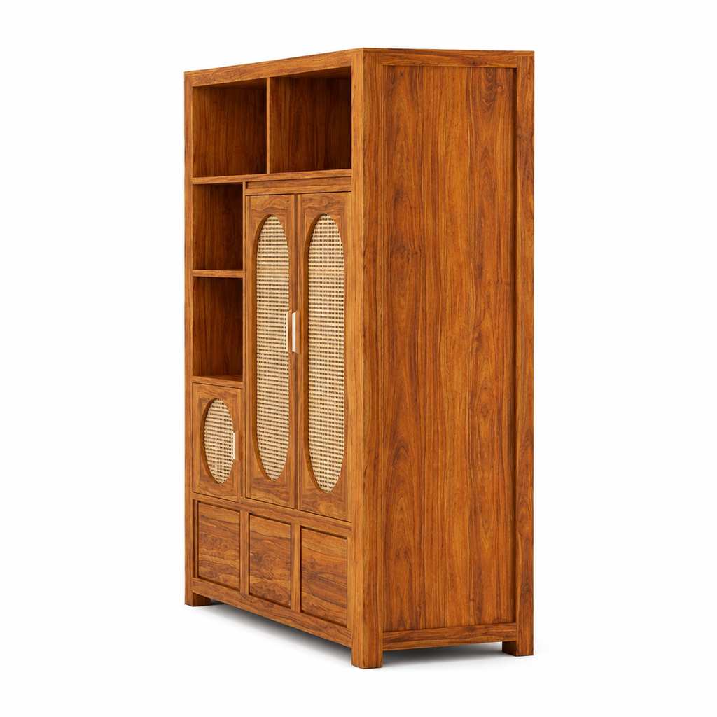 The RJ Art Sheesham Wood Bookshelf Cabinet with Cane Doors, Open Shelves and Storage Drawers